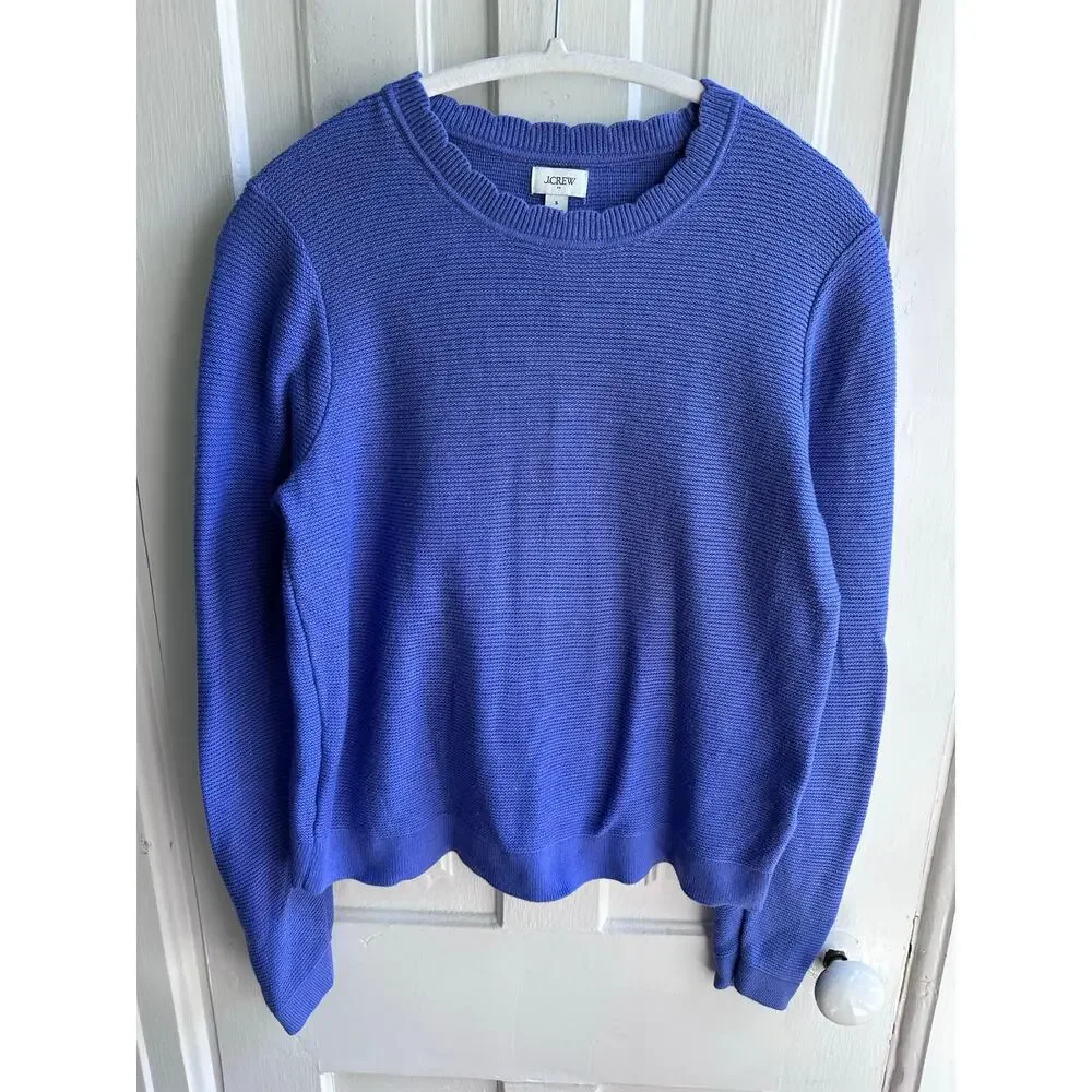 J.Crew Textured Knit Sweater Blue Scalloped Collar Pullover Size Small